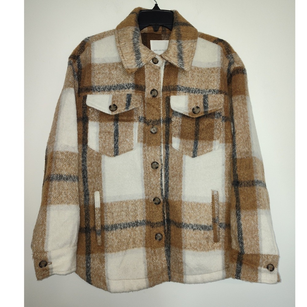 Avec Les Filles Plaid Shirt Jacket Brown Cream Shacket Size Medium 69670